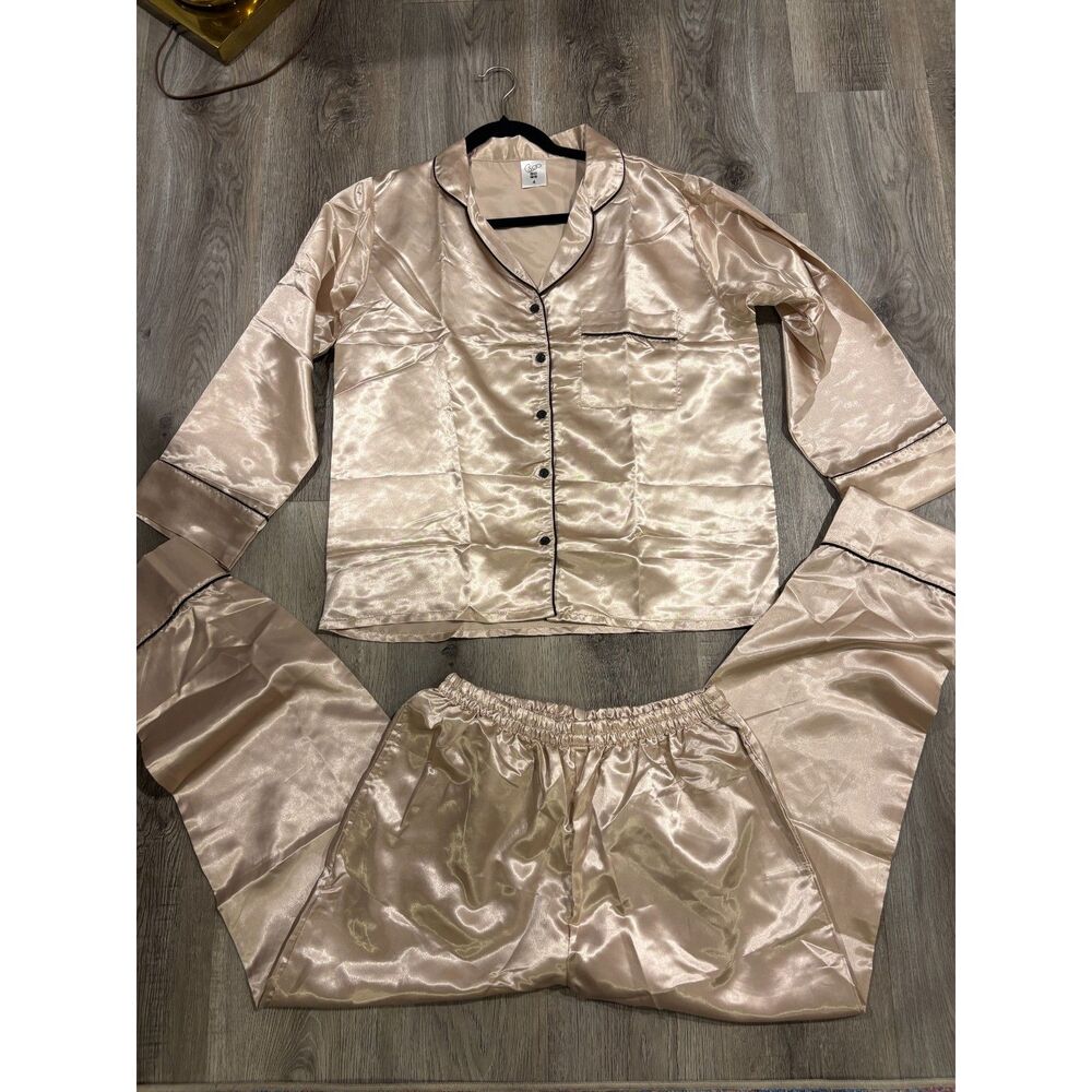 Beige Satin 2-Piece Pajama Set with Black Piping NWT